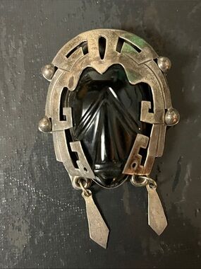 Vintage Silver-Tone Black Onyx Scarab Pendant Brooch